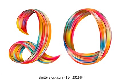 Number 20 colorful flow poster. Wave Liquid shape. Realistic color swirl. Flow splash detailed volume wave isolated. Paint from liquid brush. Vector illustration for print or web design.