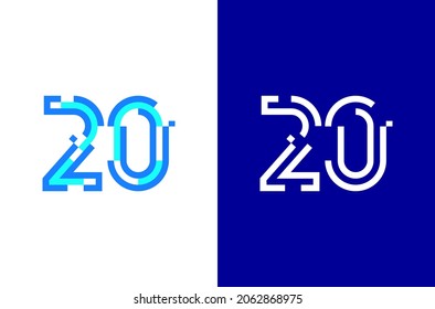 Digitales Logo Nummer 20. Numbers Design mit Technologiekonzept. Linienlogo und Pixel