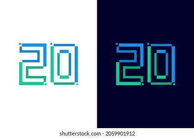 Number 20 digital logo. Technology design with pixel icon. Number twenty electric font