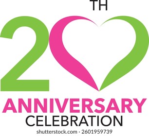 The number 20 is green and pink with heart shape for the anniversary celebration and the word years anniversary celebration at the bottom.