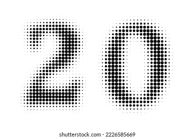 Number 20 Halftone. Pop art style. Halftone dotted backdrop. Design for web banners, wallpaper,sites vector illustration. Abstract Halftone Dotted Number.