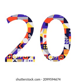 Number 20 from multicolored geometric shapes isolated on white. Neo geo. Illustration