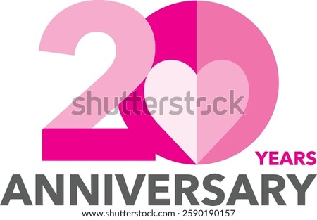 The number 20 is pink, with a heart inside the zero and the word anniversary in gray at the bottom.