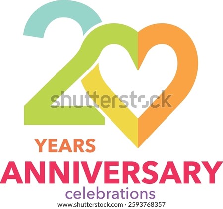 Number 20 There is a number 0 in the shape of a heart with various colored stripes. There is the word Years Anniversary Celebrations at the bottom.