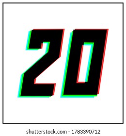 Number 20, twenty vector desing logo.Dynamic, split-color, shadow of  number red, green, blue in black frame on white background.For social media,design elements, anniversary celebration greeting