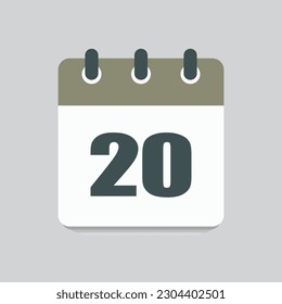 Number 20 - vector icon calendar days. 20th day of the month. Illustration flat style. Date of week, month, year Sunday, Monday, Tuesday, Wednesday, Thursday, Friday, Saturday. Holiday calendare date
