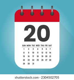 Number 20 - vector icon calendar days. 20th day of the month. Illustration flat style. Date of week, month, year Sunday, Monday, Tuesday, Wednesday, Thursday, Friday, Saturday. Holiday calendare date