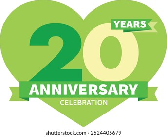 number of 20 years anniversary celebration logo style in green monochrome color with heart. shape, isolated on white background.