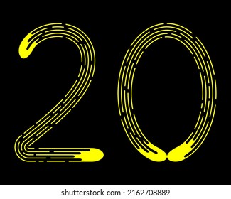 Nummer 20 von gelben gestrichenen Linien einzeln auf schwarzem Hintergrund. Design-Element. Vektorgrafik