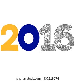 Number 2016 with number coloring with high detail and a lot of elements in the style of zentangle.