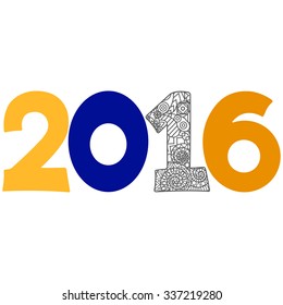 Number 2016 with number coloring with high detail and a lot of elements in the style of zentangle.