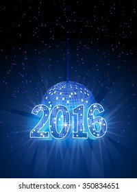 Number 2016 with disco blue ball. Holiday design. Vector illustration. Party poster, greeting card, banner or invitation. 
