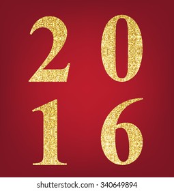 number 2016 for new year made up of gold spangles on the red background