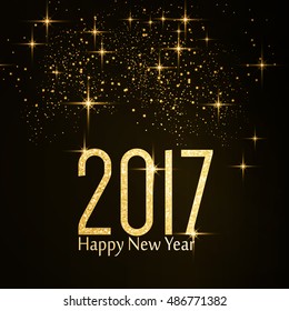 The number 2017 made of a golden shimmering glitter texture and the wording Happy New Year and light effect and sparkling stars on dark background.
