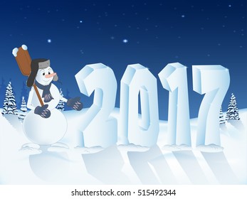 the number 2017 of snow. winter landscape. snowman with shovel. new year banner, card, poster