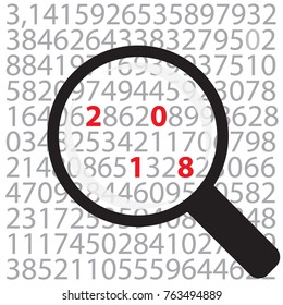 The number 2018 in PI under a magnifying glass.