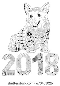 Number 2018 zentangle with dog. Vector decorative object