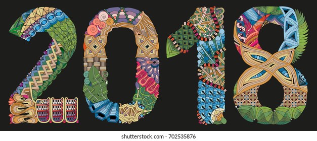 Number 2018 zentangle on a dark background. Vector decorative object