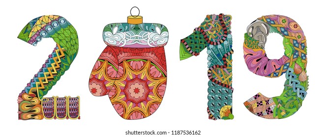 Number 2019 with a Christmas ball Zentangle. Vector decorative object for decoration