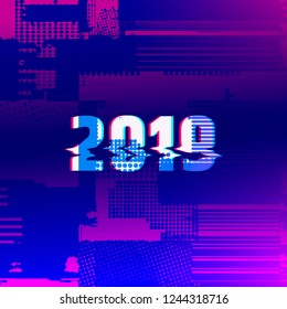 Number 2019 distorted, glitch effect. Background screen error graphics. Background with broken strokes, screen error. Vector design elements. Modifiable color. Unusual banner for new year 2019.