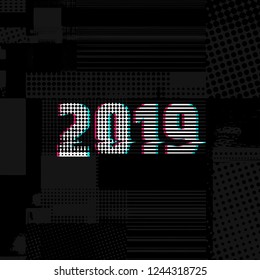 Number 2019 distorted, glitch effect. Background screen error graphics. Background with broken strokes, screen error. Vector design elements. Modifiable color. Unusual banner for new year 2019.