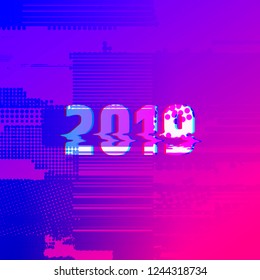 Number 2019 distorted, glitch effect. Background screen error graphics. Background with broken strokes, screen error. Vector design elements. Modifiable color. Unusual banner for new year 2019.