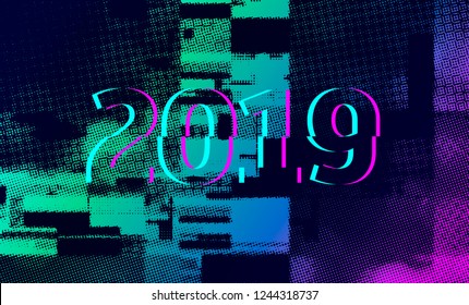 Number 2019 distorted, glitch effect. Background screen error graphics. Background with broken strokes, screen error. Vector design elements. Modifiable color. Unusual banner for new year 2019.
