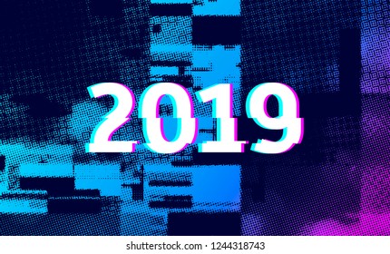 Number 2019 distorted, glitch effect. Background screen error graphics. Background with broken strokes, screen error. Vector design elements. Modifiable color. Unusual banner for new year 2019.