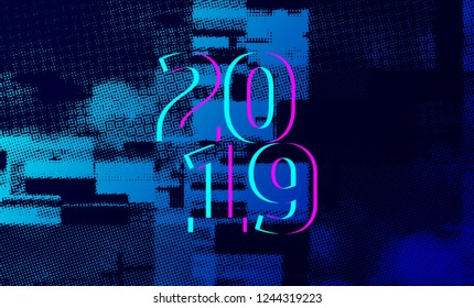 Number 2019 distorted, glitch effect. Background screen error graphics. Background with broken strokes, screen error. Vector design elements. Modifiable color. Unusual banner for new year 2019.