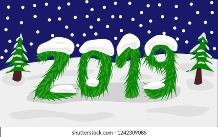 The number 2019 of fir branches on the background of the winter forest. Night snowfall and snow caps on the firs. Merry Christmas and happy New Year vector design card template.