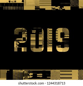 Number 2019 with glitch effect texture. 2019 vector for your new year designs. Broken, halftone, grunge. vector illustration