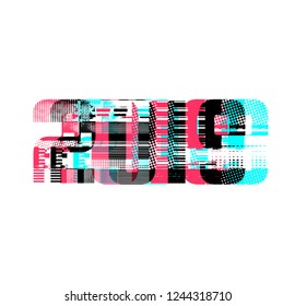 Number 2019 with glitch effect. 2019 vector for your new year designs. Glitch colors, broken, halftone, grunge. Vector illustration