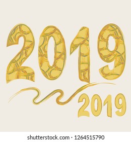 Number 2019 with a pattern in yellow with colorful stripes isolated on white for decorate calendar, banner, poster, invitation, background, clothes