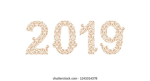 Number 2019 year patterned with floral shapes, isolated on white. 2019 for decorate calendar, banner, poster, invitation, card, adult coloring book.