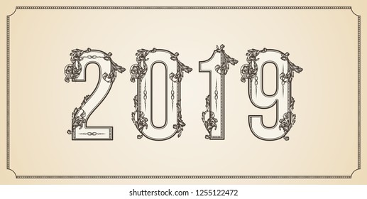 Nummer 2019 Jahr gemustert mit floralen Formen, einzeln auf Weiß. 2019 für dekorierte Kalender, Banner, Poster, Einladung, Karte, Erwachsenenfarbbuch.