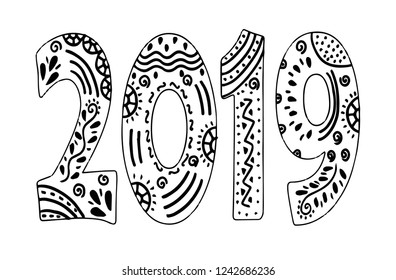 Number 2019 Zentangle. Vector decorative object