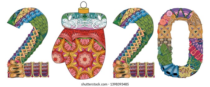 Number 2020 with a Christmas ball Zentangle. Vector decorative object
