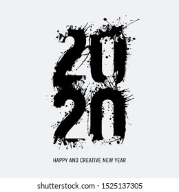 Number 2020 illustrated with ink stains. 2020 artistic, drawn with brush strokes and splashes of ink and paint. Black color, editable color. vector illustration