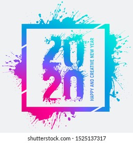 Number 2020 illustrated with ink stains. 2020 artistic, drawn with brush strokes and splashes of ink and paint. number framed with paint splatters. Vivid and trendy colors. vector illustration