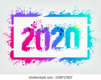 Number 2020 illustrated with ink stains. 2020 artistic, drawn with brush strokes and splashes of ink and paint. Number framed with paint splatters. Vivid and trendy colors. vector illustratio