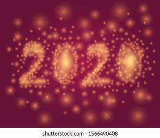 Number 2020 - symbol of new year made from yellow warm lights, dotts, circles. Dark red, burgundy background. Twenty twenty. Small decorative elements, magic glitter blurred circles. Winter card.