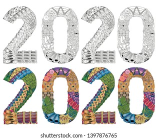 Number 2020 Zentangle. Vector decorative object. Colored and outline set