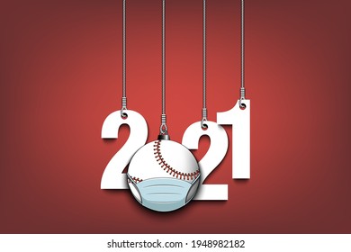 Number 2021 and baseball ball in mask hanging on strings. Stop covid-19 outbreak. Caution risk disease coronavirus. Cancellation of sports tournaments. Vector illustration