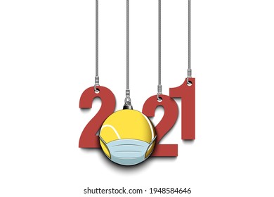 Number 2021 and tennis ball in mask hanging on strings. Stop covid-19 outbreak. Caution risk disease coronavirus. Cancellation of sports tournaments. Vector illustration