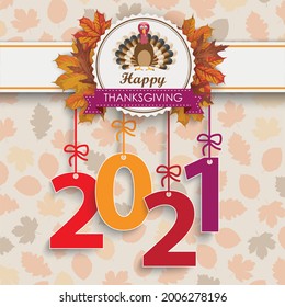 Number 2021 with thanksgiving emblem and autumn foliage. Eps 10 vector file.