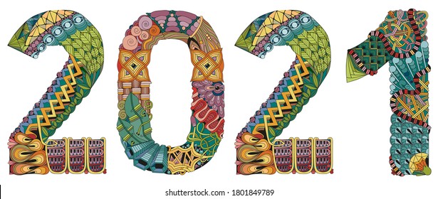 Número 2021 Zentangle. Objeto decorativo vectorial para la decoración