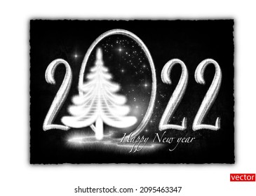 Number 2022 chalk. Black and white New Year card. Chalk drawing on a black background. White fluffy Christmas tree. Black background texture. Christmas banner, poster, flyer. Vector