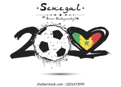 Number 2022, consisting of a soccer ball instead of a zero and a heart in the colors of the flag of Senegal, formed from two twos looking at each other. Vector illustration on isolated background