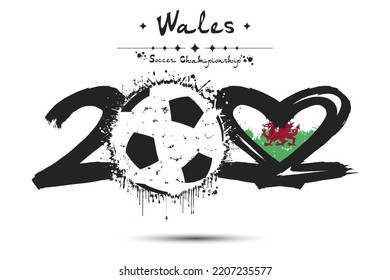 Number 2022, consisting of a soccer ball instead of a zero and a heart in the colors of the flag of Wales, formed from two twos looking at each other. Vector illustration on isolated background