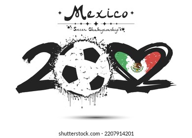 Number 2022, consisting of a soccer ball instead of a zero and a heart in the colors of the flag of SMexico, formed from two twos looking at each other. Vector illustration on isolated background